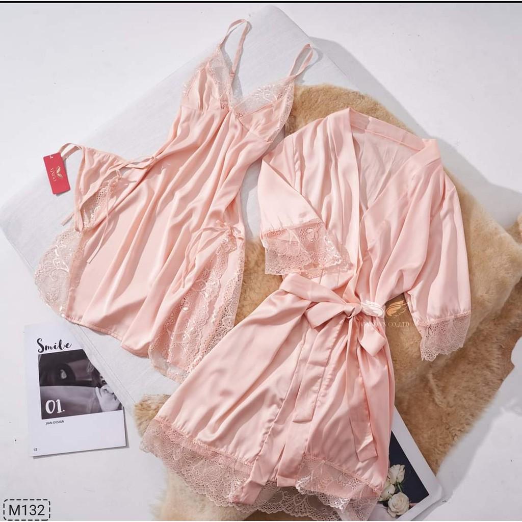 Sét áo choàng ngủ +váy ngủ tặng kèm đai áo và quần chip ren xinh xắn dễ thương Đủ Màu
