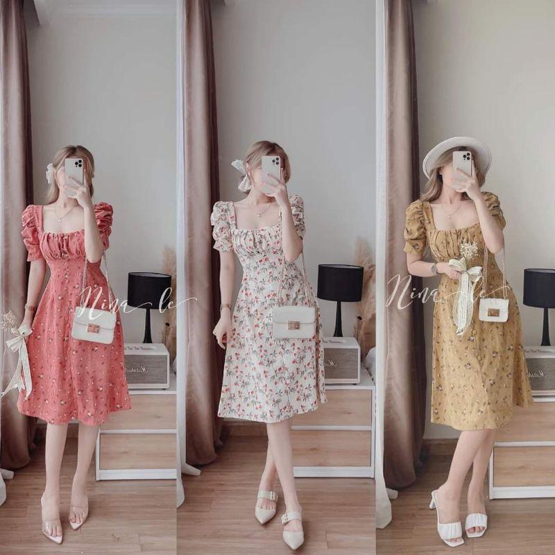 ĐẦM HOA LỤA XẾP LY TRƯỚC NGỰC