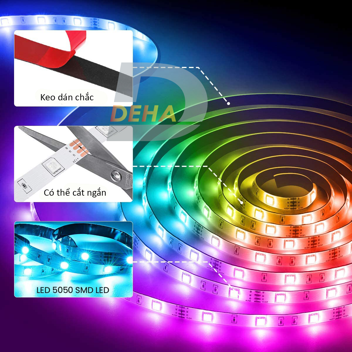 Bộ Đèn led dây dán RGB đổi màu điểu khiển 44 phím chọn màu đứng yên, nhấp nháy, bóng 5050 strip light trang trí Tiktok dán tường, bàn máy tính, cửa hàng, quán cafe, chống nước bền đẹp