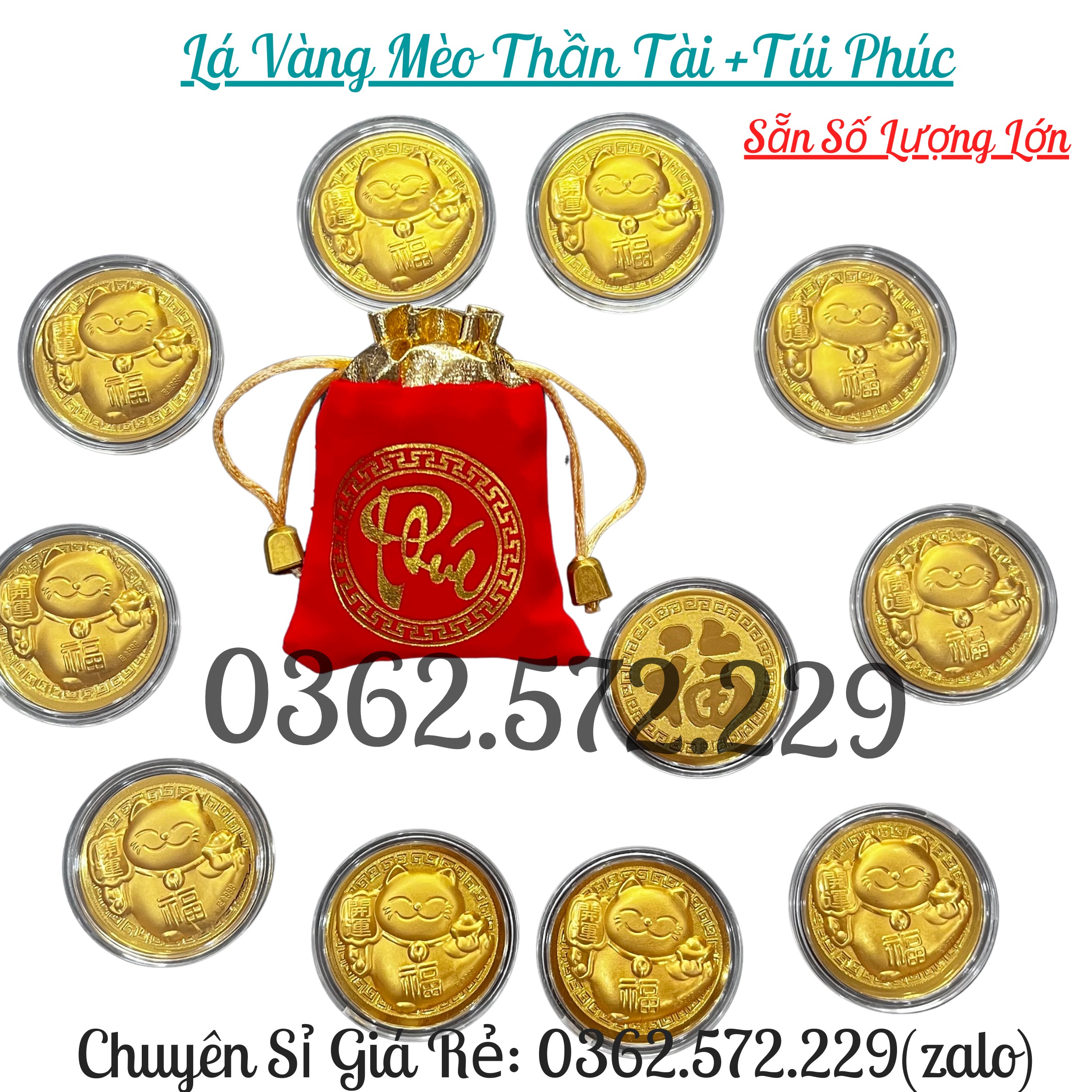 Combo Sỉ 10 Xu Lá Vàng Mèo Thần Tài Mạ Vàng Kèm Túi Gấm Phúc Lộc Phong Thủy May Mắn Làm Qùa Tặng Tết 2023