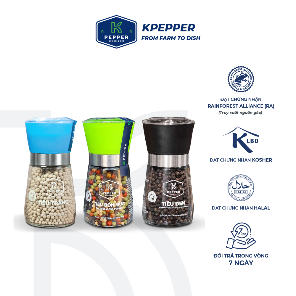 Hộp Vua tiêu K-Pepper gồm 3 loại tiêu xanh sấy lạnh, tiêu đen, tiêu trắng chuẩn xuất khẩu