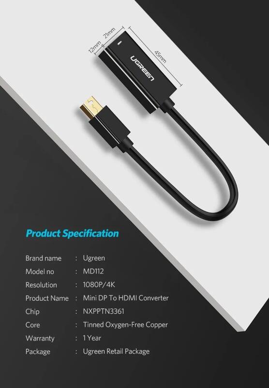 Ugreen UG10461MD112TK 18CM màu Đen Cáp chuyển đổi Mini DP sang HDMI hỗ trợ phân giải 1920x1080 - HÀNG CHÍNH HÃNG