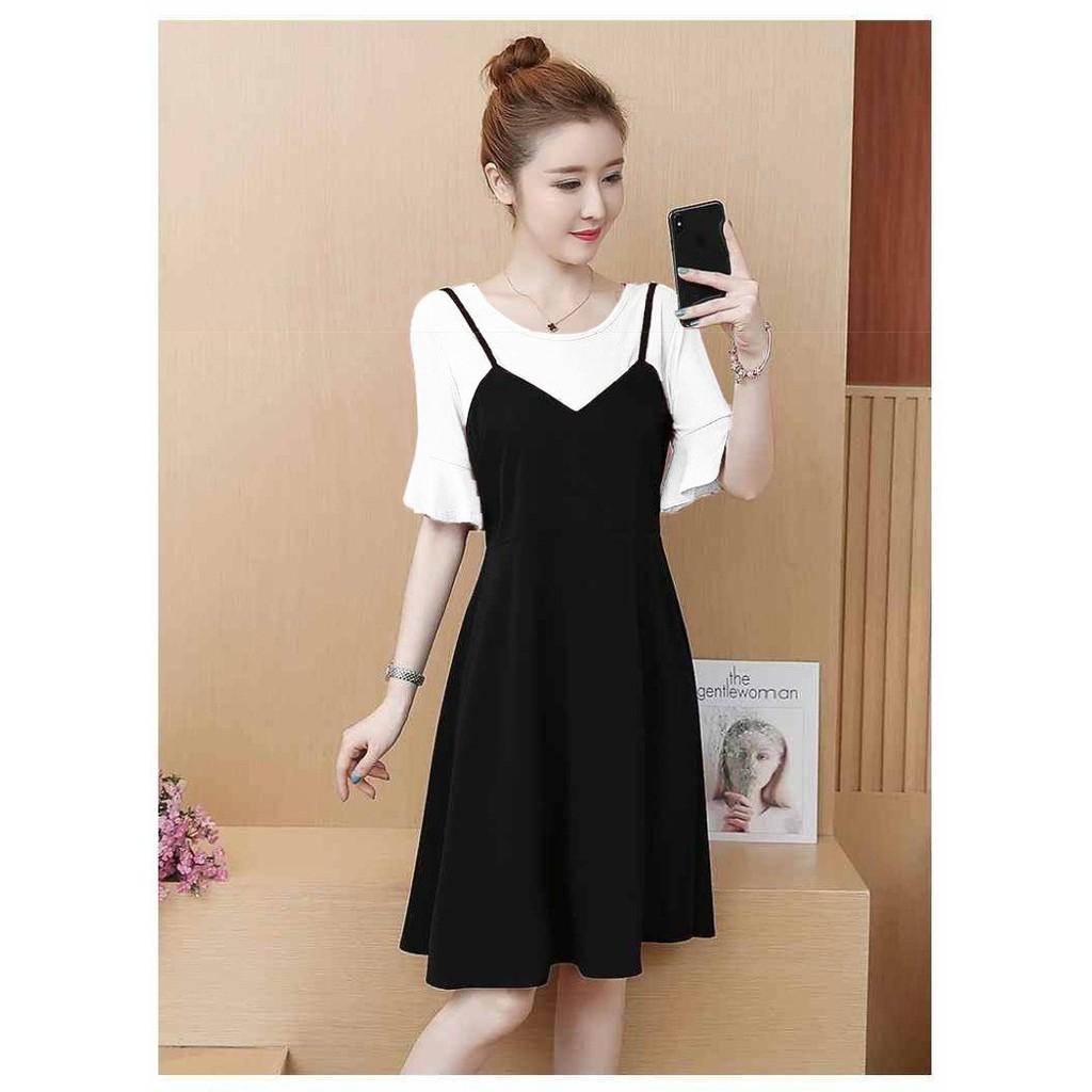 ĐẦM THUN LIỀN PHỐI MÀU TAY LOE DÁNG XÒE