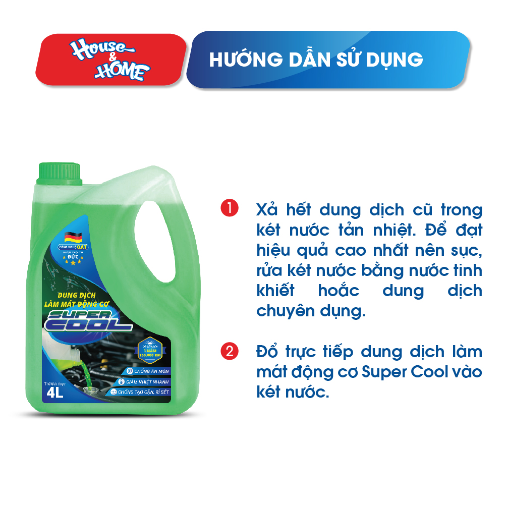 Nước làm mát động cơ oto Super Cool màu xanh dung tích 4 lít