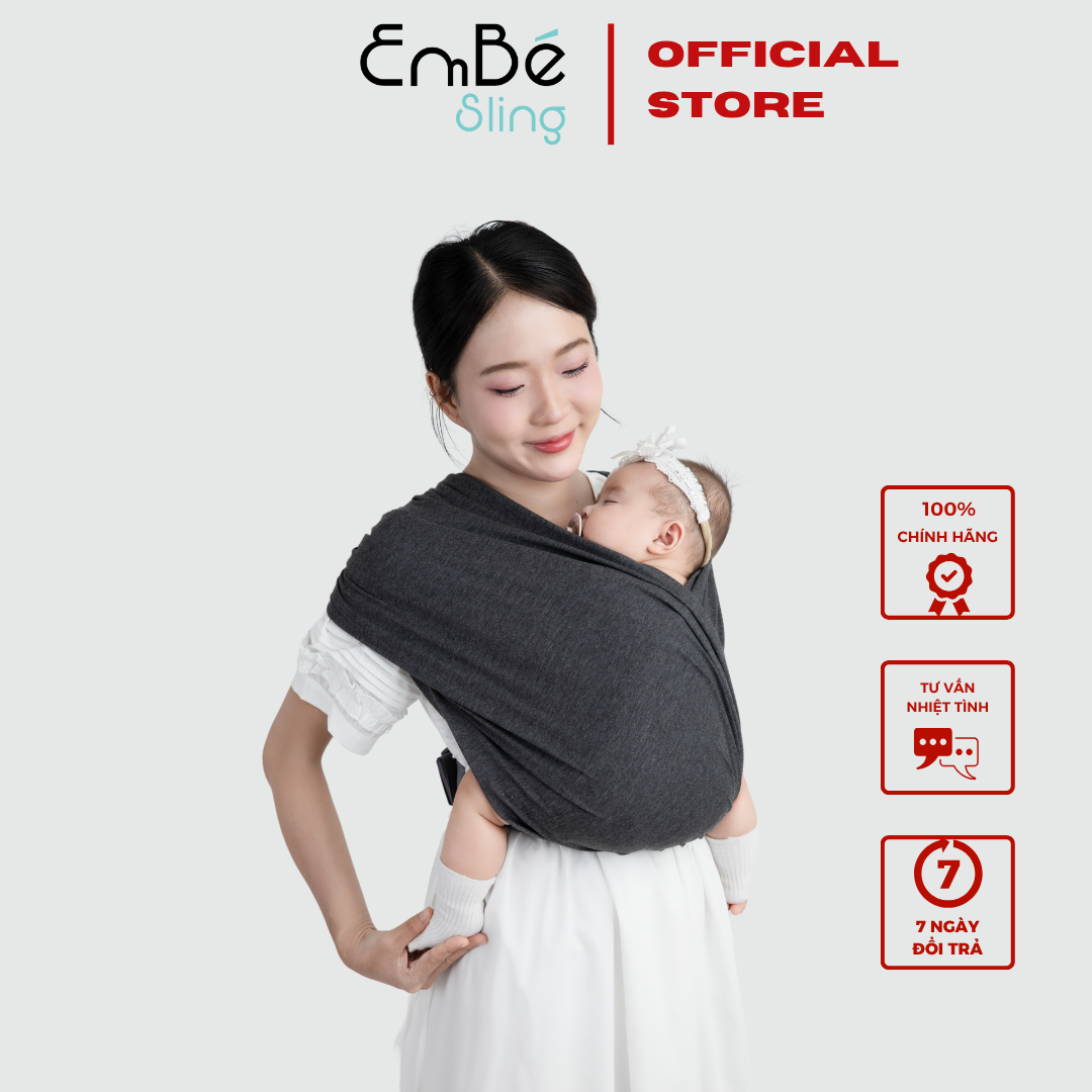 [THIẾT KẾ MỚI] Địu Vải EmBé Sling Cao Cấp Màu Charcoal Cho Bé Từ 0 Đến 24 Tháng Tuổi