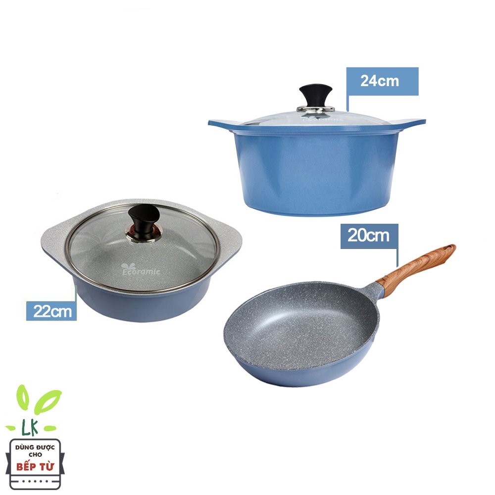 Combo 3 món cao cấp, nồi đúc ceramic đế từ xanh size 22-24cm, chảo đúc vân đá ceramic đê từ size 20cm màu xanh (dùng được tất cả các bếp, kể cả bếp từ) - Hàng chính hãng