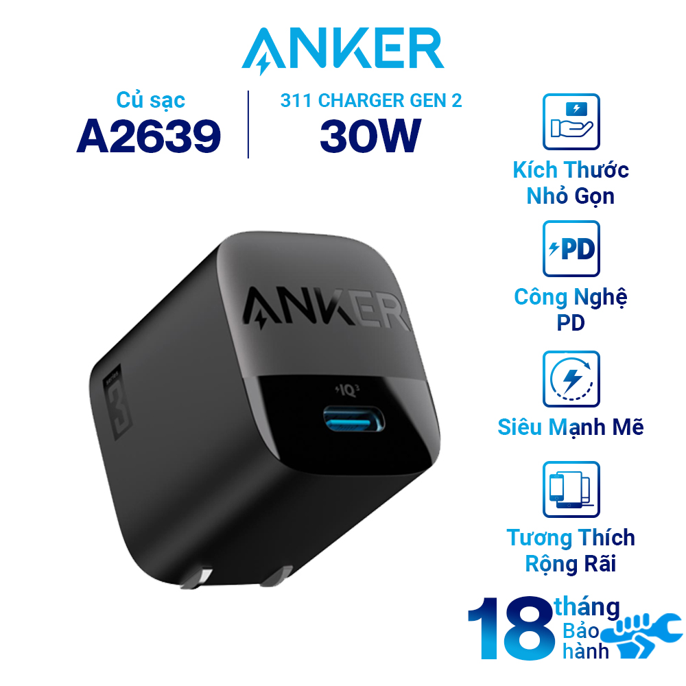 Adapter Sạc Anker 313 / 311 Charger Gen 2 30W 1 Cổng Type-C A2639 - Hàng Chính Hãng