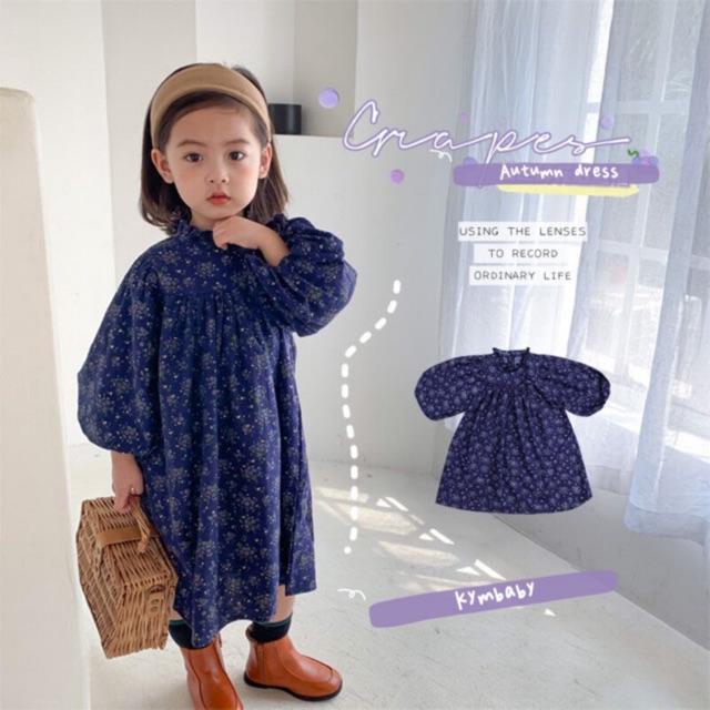 Đầm baby doll tay áo phồng hoa xanh  cho bé D384