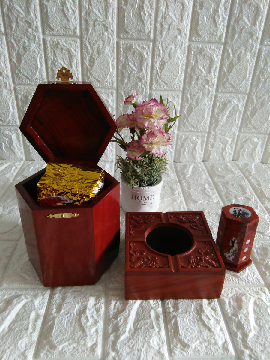 Bộ 3 món tiện ích bằng gỗ hương trạm khắc hộp Trà lớn, gạt tàn, hộp tăm - 3GTL02