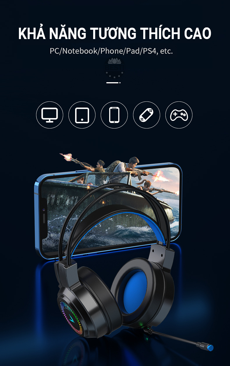 Tai Nghe Gaming Chụp Tai Máy Tính Besti BT01 Có Đèn Led Đổi Màu Và Mic Đàm Thoại, Headphone Chơi Game Trên Laptop, PC - Hàng Chính Hãng Besti