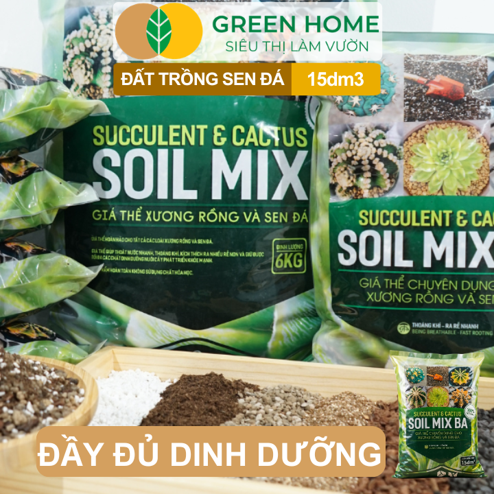 Đất Trồng Sen Đá GreenHome, Soil Mix BA, Bao 15dm3 ~ 6kg, Trộn Sẵn, 70% Đá Khoáng, Thoát Nước Tốt
