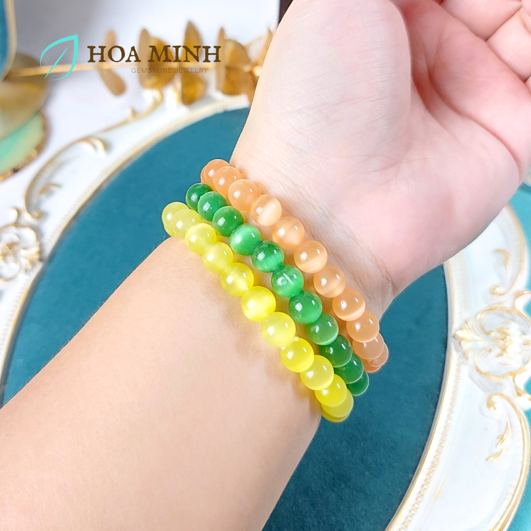 Vòng tay đá Mắt Mèo trơn size hạt 7.8 li đa sắc màu phong cách xinh xắn dễ thương