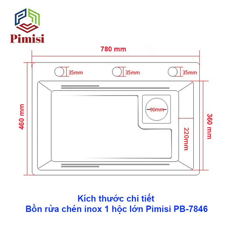 Chậu Rửa Bát Inox 1 Hố To Pimisi PB-7846 Luxury Làm Từ Thép Không Gỉ Inox Cao Cấp Kiểu Ngăn Lớn 1 Hộc, Kèm 1 Khay Bồn Rửa Chén Nhỏ Đơn Phụ Gác Chậu -  Tháo Rời Với Đầy Đủ Phụ Kiện Xi Phông, Gắn Được Cả Bán Âm - Dương Bàn Đá Bếp | Hàng Chính Hãng