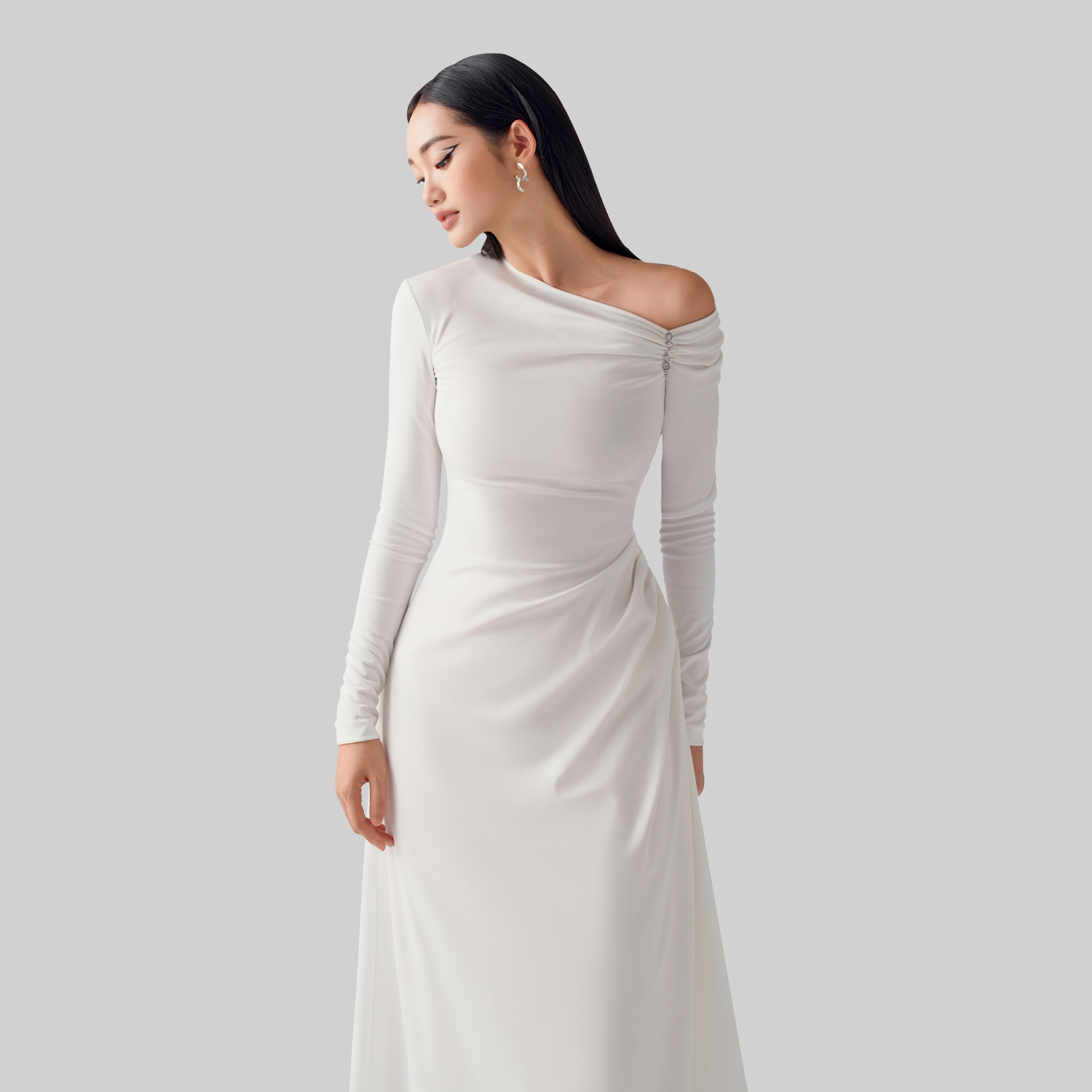 Đầm lệch vai dáng dài xòe màu trắng ALICE thiết kế cao cấp WHITE CHIC