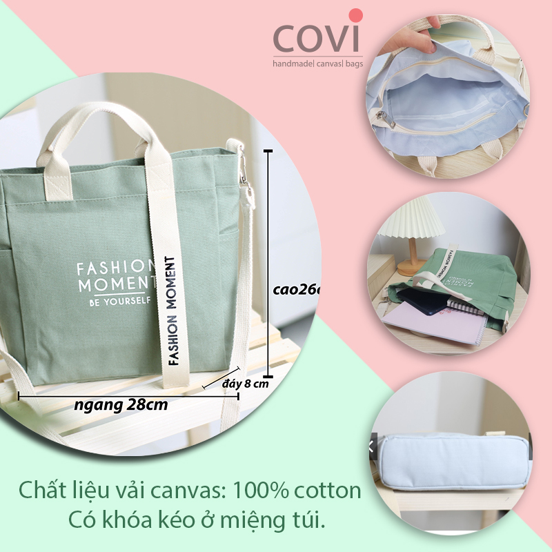 Túi vải Hàn Quốc, túi đeo chéo vải canvas phối chữ fashion moment thời trang Covi nhiều màu sắc T11-M-Màu Xanh Đậu