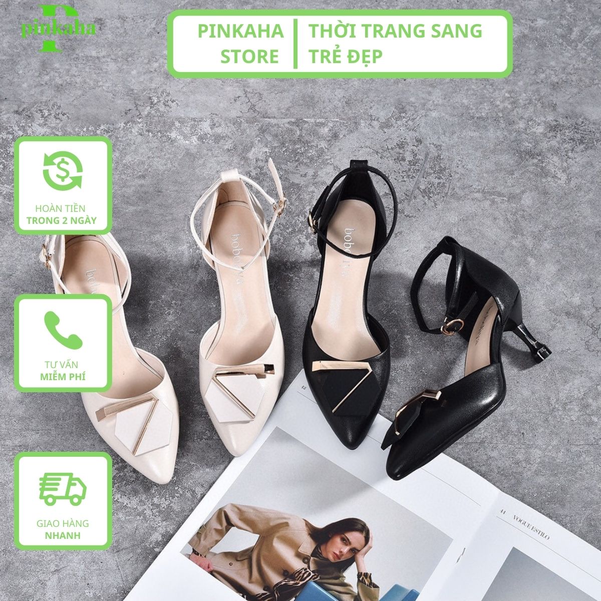 Giày Cao Gót Nữ Mũi Nhọn PINKAHA Da Mềm Đế 7 Phân Thời Trang Sang Trọng