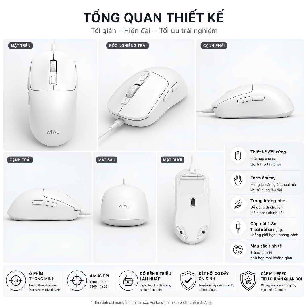 Chuột máy tính công thái học AirPrecision Mouse WiWU WIMICE WM111 DPI 3600 cho Laptop | 6 Phím Thông Minh | Cáp 1.8M Siêu Bền | Switch 5 Triệu Lần Nhấp | Chuột Văn Phòng, Học Tập, Gaming Nhẹ - Hàng nhập khẩu