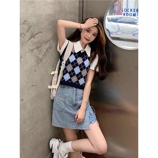 Áo len gile croptop hình quả trám