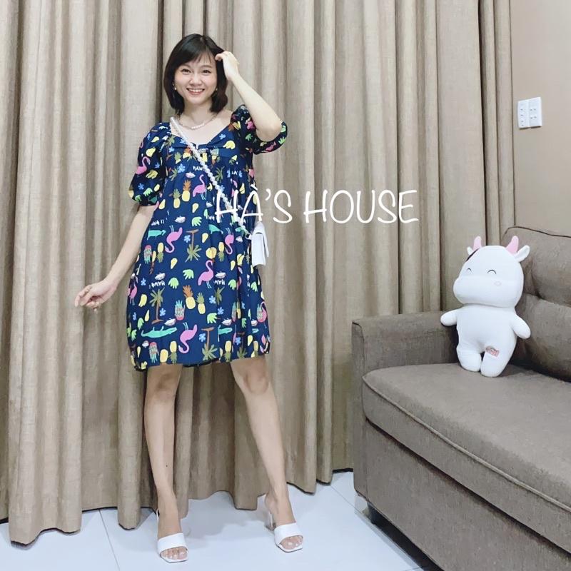 Đầm babydoll hoạ tiết màu xanh than siêu dễ thương