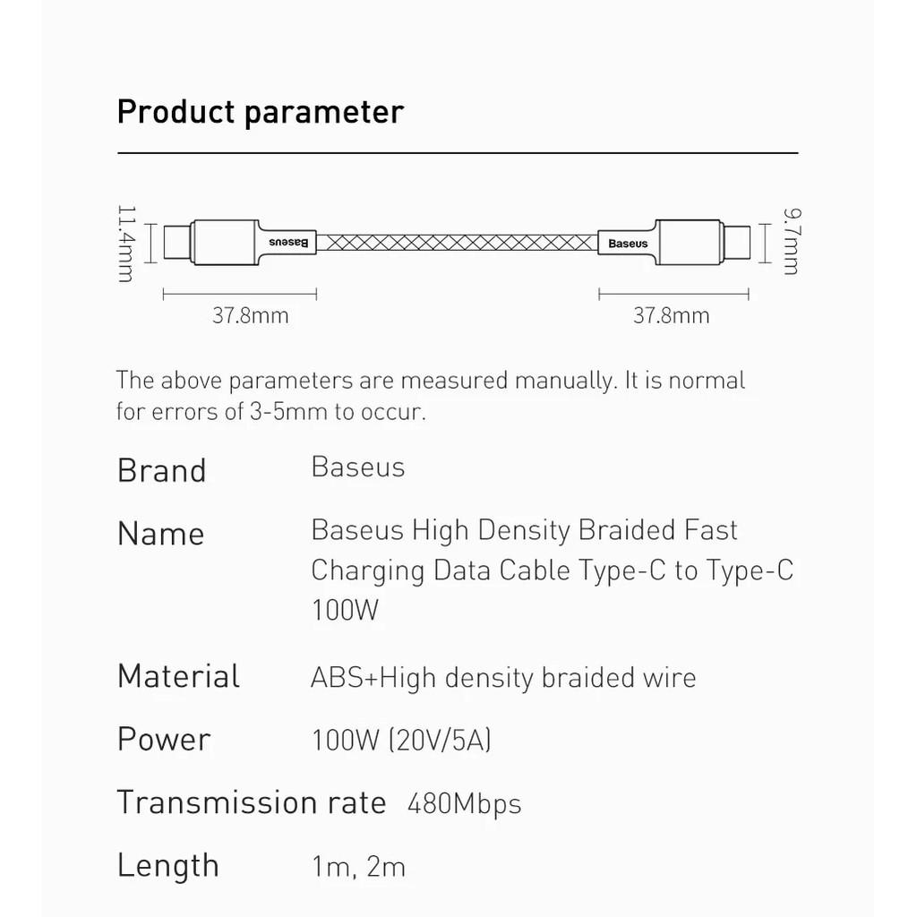 Cáp sạc nhanh TypeC to TypeC Baseus High Density Braided PD 100W 5A/20V, E-marker Chip, Data Cable - Hàng Chính Hãng