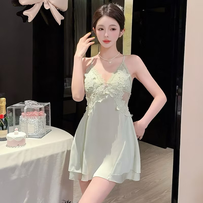Váy Ngủ D747 Lụa Quảng Châu Cao Cấp Phối Ren Đính Nơ Sexy