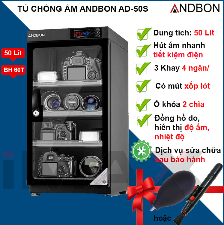 TỦ CHỐNG ẨM ANDBON AD-50S, 50LÍT - LOẠI 3 KHAY - HÀNG CHÍNH HÃNG