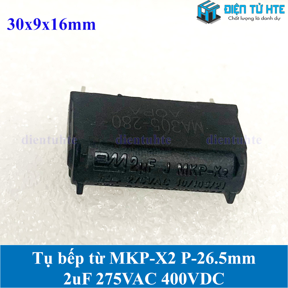 Tụ bếp từ MKP-X2 2uF 275VAC 400DC pitch 26.5mm Đen size 30x9x16mm