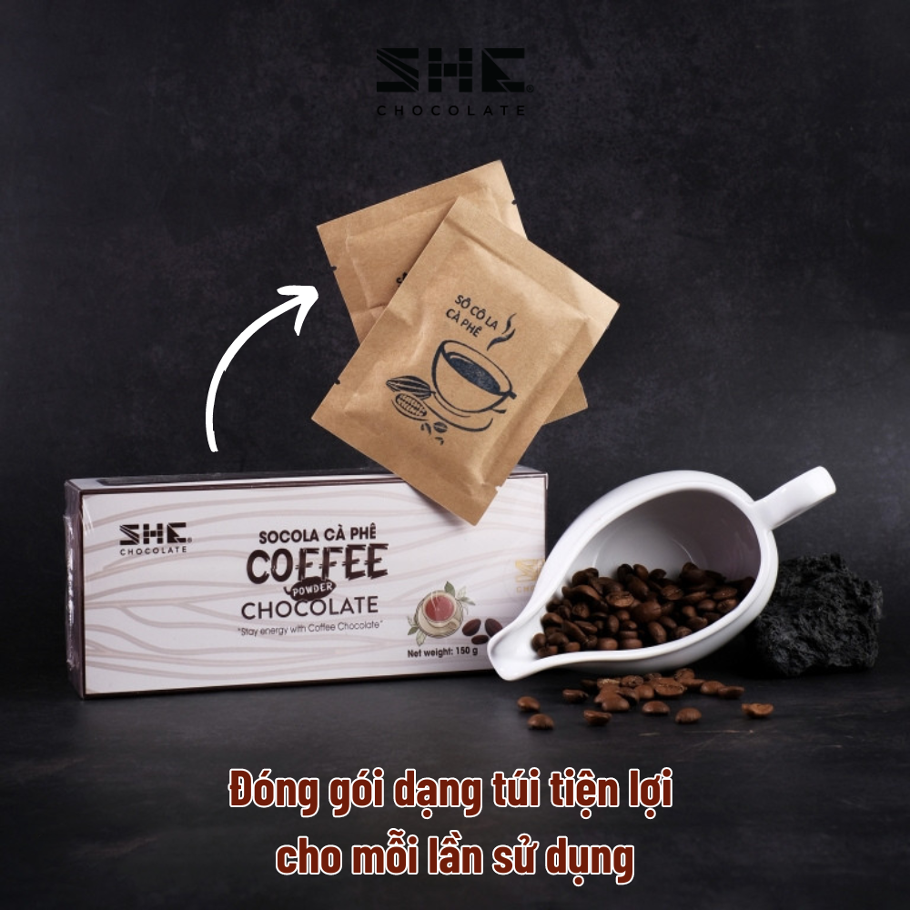 Socola bột Cà phê - Hộp 150g - SHE Chocolate. Hương vị đậm đà, thơm ngon tăng sự tỉnh táo. Hương vị đậm đà, bổ sung năng lượng, tốt cho sức khỏe. Quà tặng người thân, dịp lễ