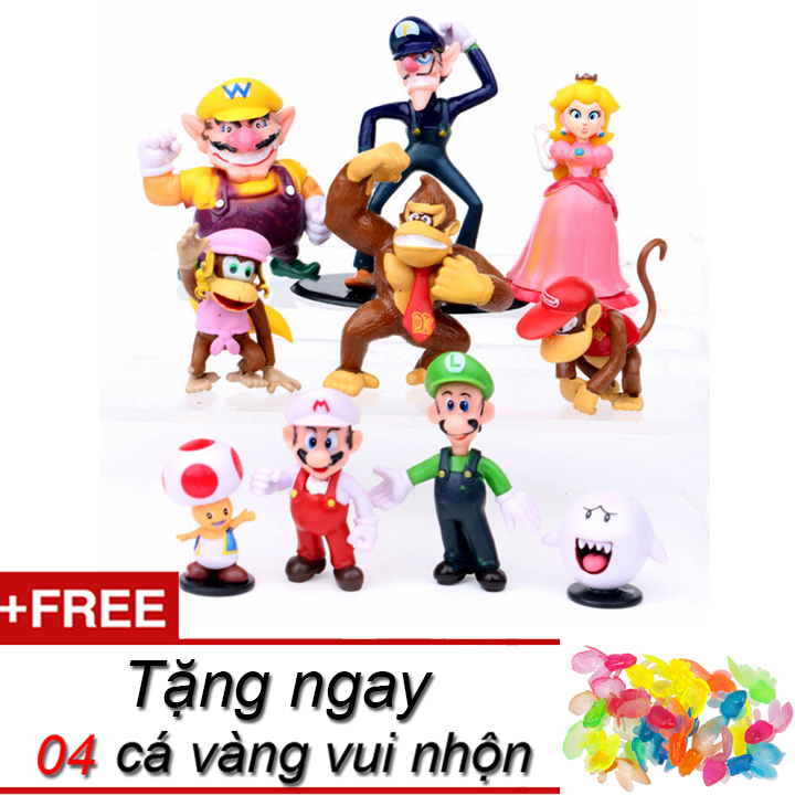 Bộ 10 mô hình trang trí Super Mario cho bé vui chơi tặng kèm 04 cá cảnh bằng nhựa nhiều màu sắc