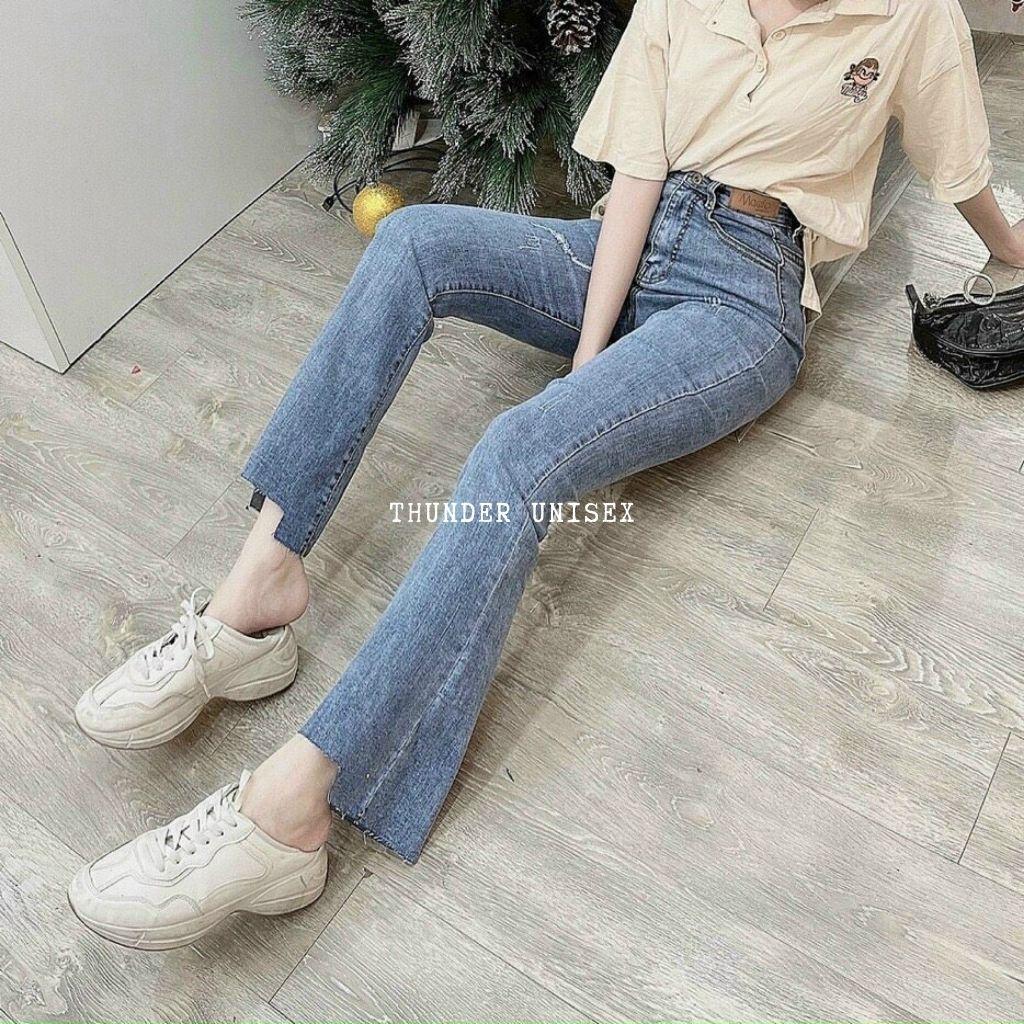 Quần Jean Nữ Ống Loe Lưng Cao Gấu Rách Cá Tính Quần Bò Loe Co Giãn Hack Dáng ThunderUnisex Phong Cách Hàn Quốc Ulzzang