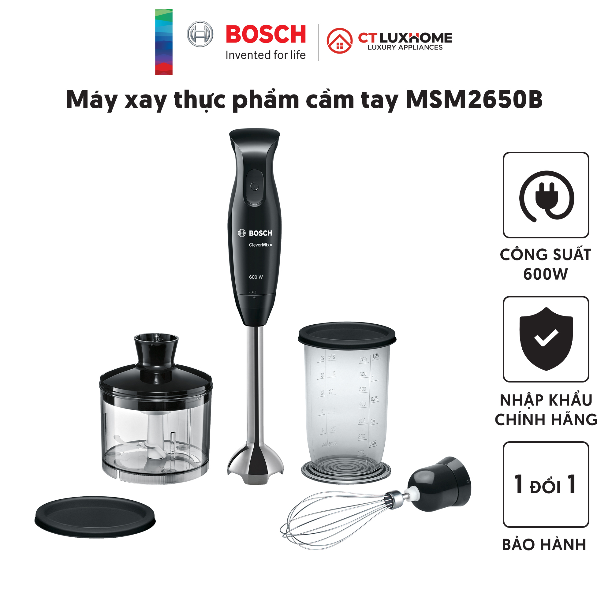 Máy xay thực phẩm cầm tay Bosch MSM2650B 600W, 220V, 50/60Hz, Kèm cây đánh trứng [Hàng chính hãng]