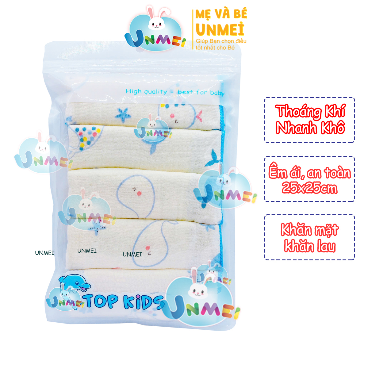 Set 5 Khăn Sữa, Khăn Xô Sữa Muslin TOP KIDS 4 lớp thấm hút,mềm mại dành cho sơ sinh (size 25x25cm)- tại UNMEI