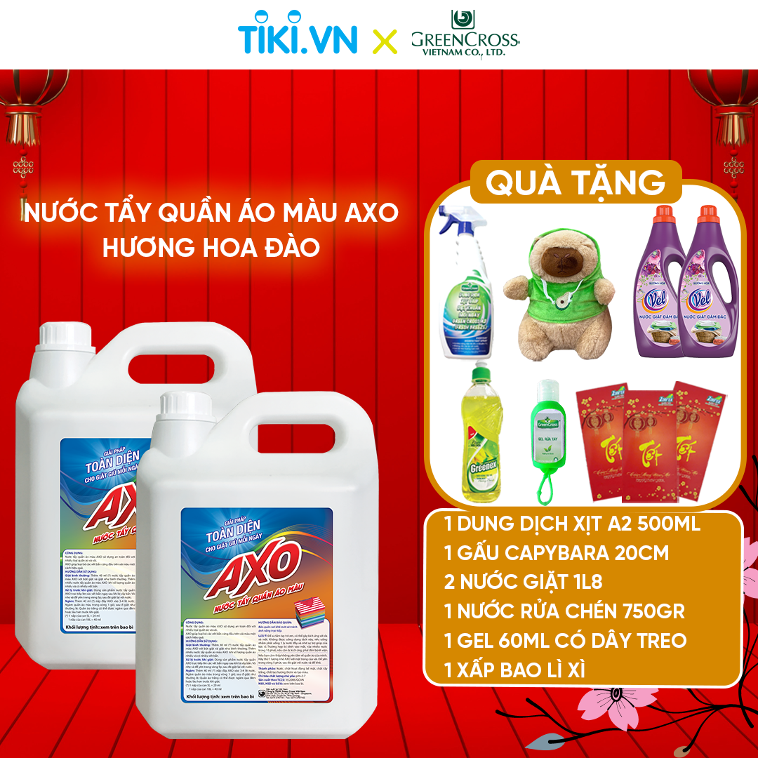 COMBO 2 CAN Nước tẩy quần áo màu đánh bay vết bẩn AXO can 5 Lít Tiết Kiệm Hương Hoa Đào