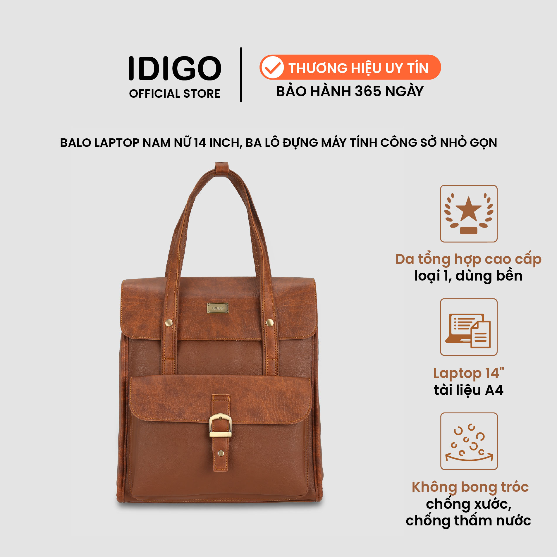 Balo da nam nữ đựng laptop 14inch nhỏ gọn IDIGO UBP2-515, balo công sở đựng tài liệu A4 cao cấp