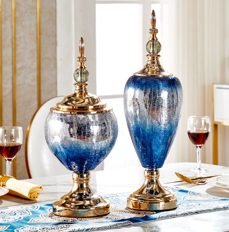 Bình hoa thủy tinh pha lê có nắp đậy đồ trang trí hiện đại LOREM BLUE