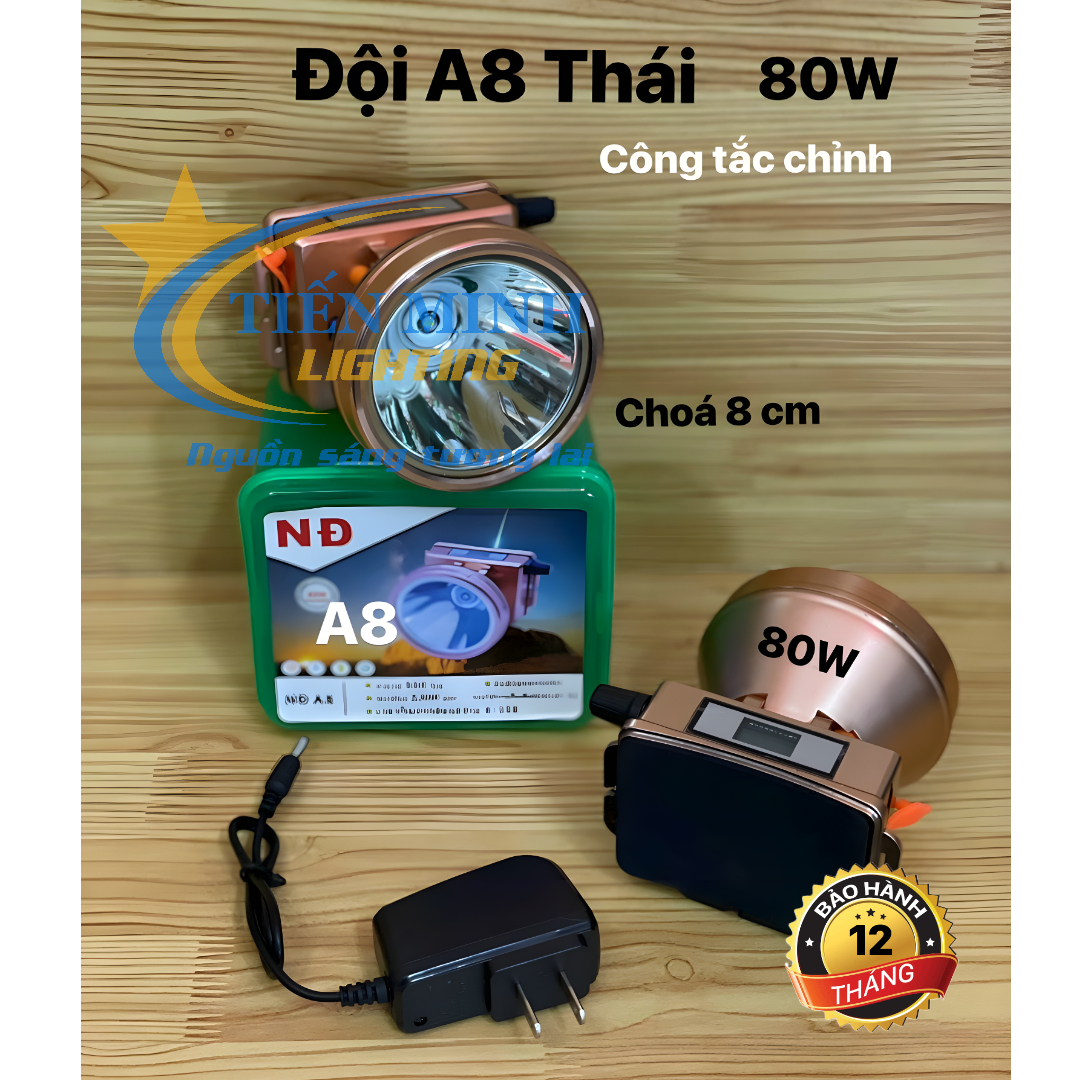 ĐÈN ĐỘI ĐẦU NĐ-A8, CÔNG SUẤT 80W, DUNG LƯỢNG PIN 2000MAH, THỜI GIAN SỬ DỤNG 8 - 15 GIỜ