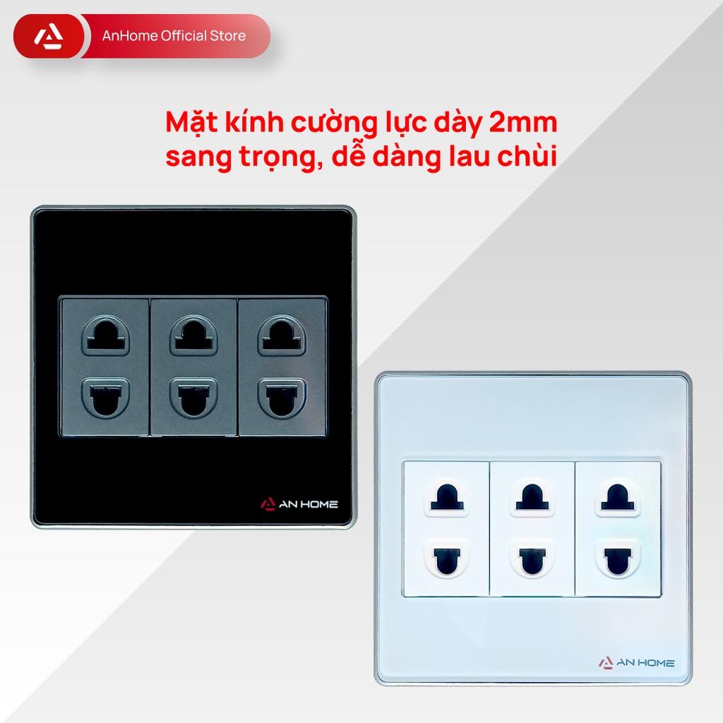 Ổ cắm điện mặt kính cường lực vuông 2 chấu viền mạ Champagne AnHome GS-U2