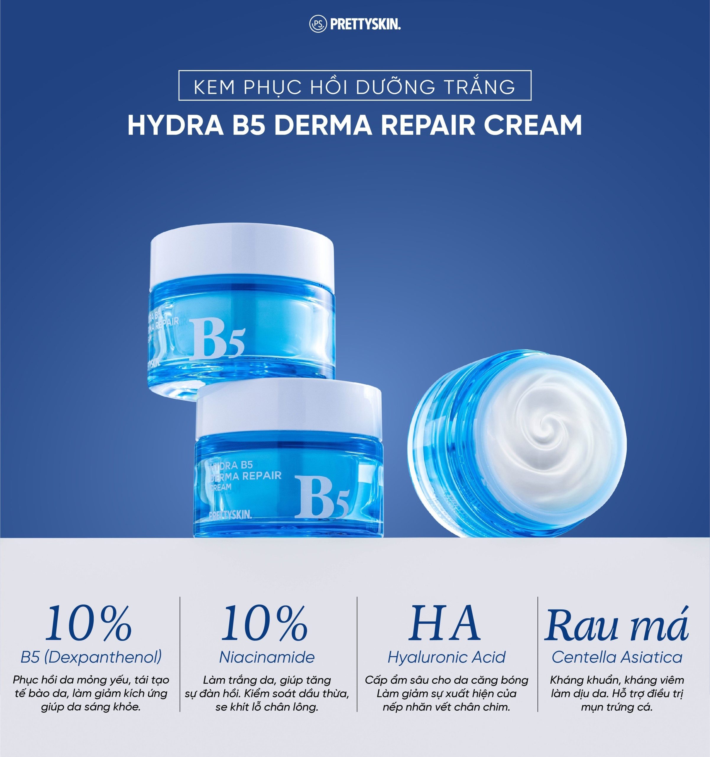 Kem dưỡng phục hồi dưỡng trắng Hydra B5 Derma Repair Cream Pretty Skin 52ml tặng móc khóa