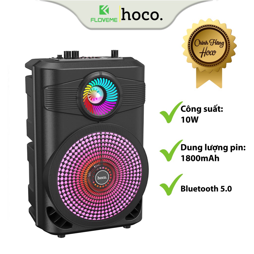 Loa Karaoke Dành Cho Hoco BS46 LED, Tặng 1 Micro Có Dây Hỗ Trợ USB, Thẻ Nhớ TF, AUX, Đài FM, Công Suất 10W, Bluetooth 5.0 - Hàng Chính Hãng