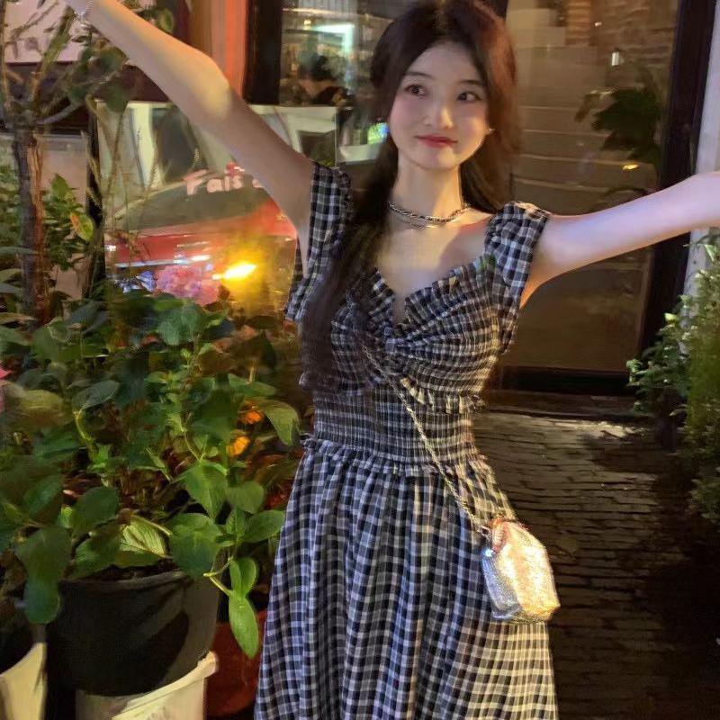 DIYIWEI Cao cấp Hepburn Wind Tea Break French Sleeves Sling Dress Trẻ em mùa hè thắt lưng váy dài màu đen 2023