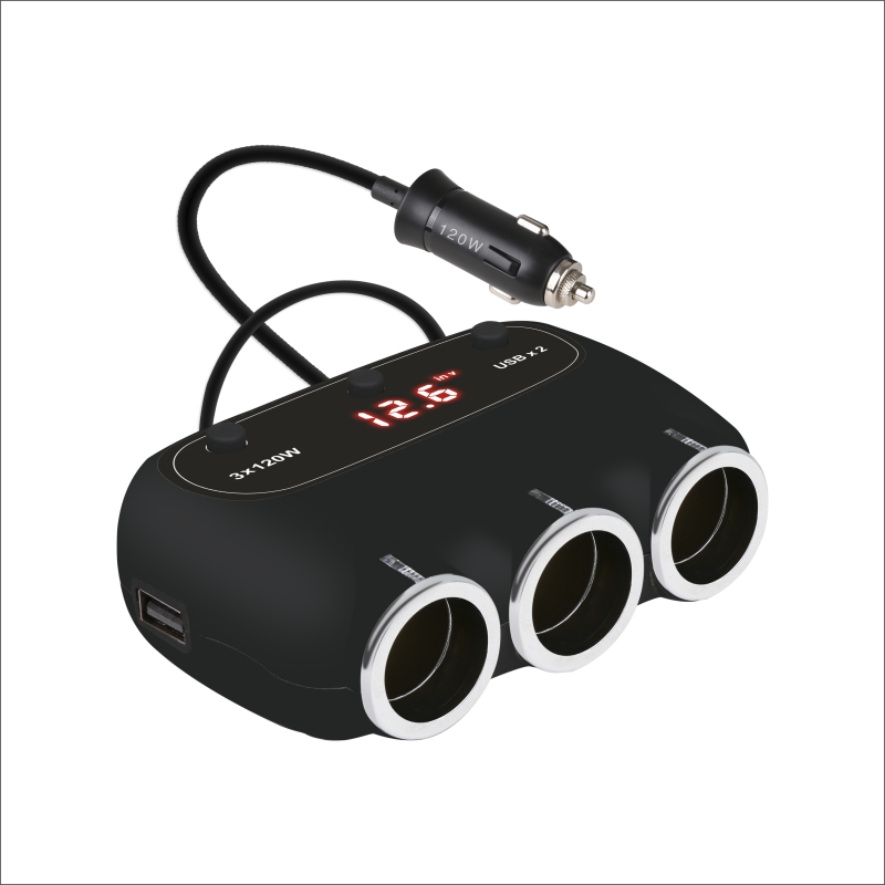 Phụ kiện ô tô -Bộ tẩu cắm sạc công suất lớn, 3 tẩu cắm+ 2 cổng USB đa năng cao cấp KY-558