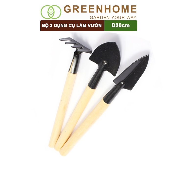 Dụng cụ làm vườn mini, 3 món, tiện lợi, chuyên dụng trồng Sen đá, cán gỗ |Greenhome