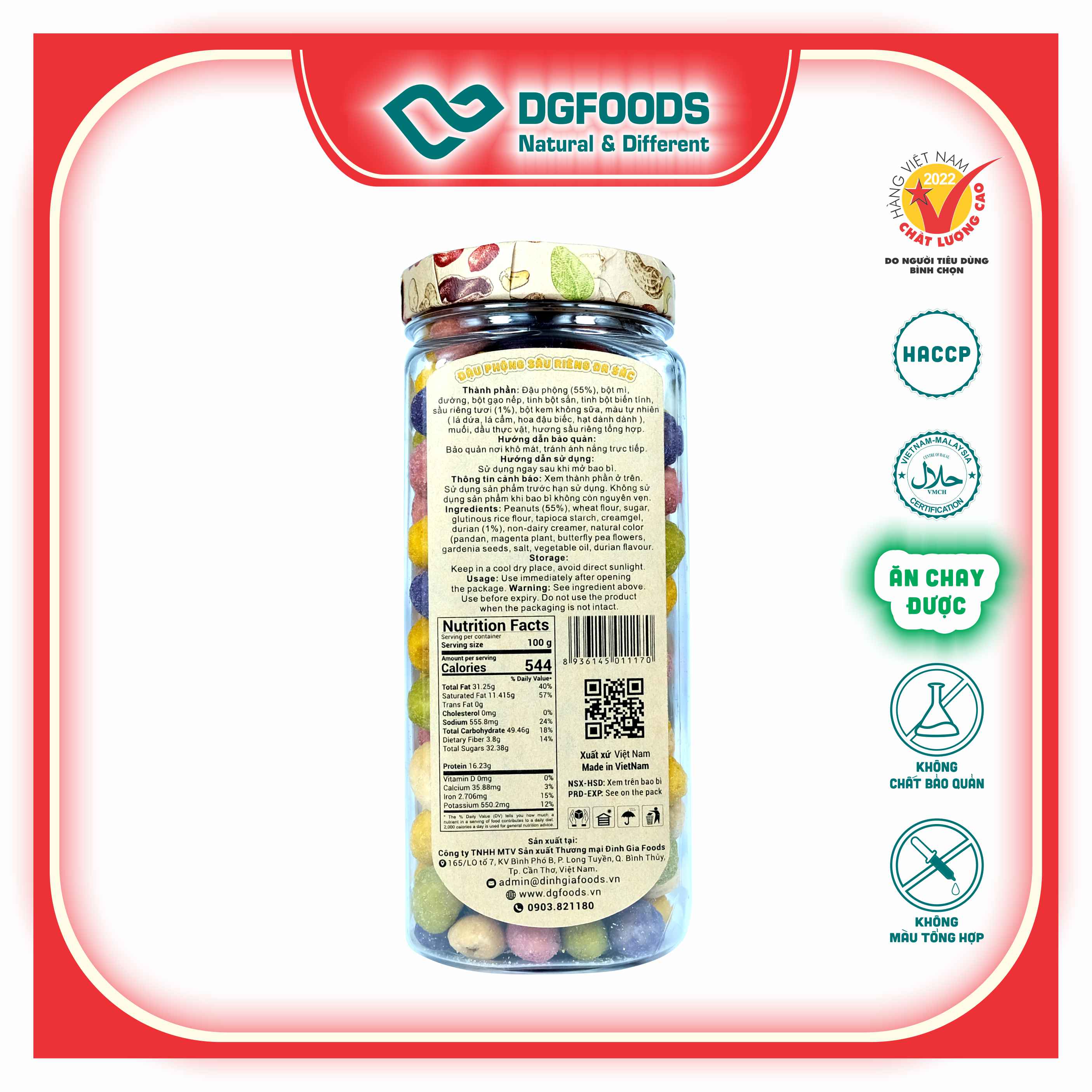 Đậu Phộng Sầu Riêng đa sắc DGfoods 250g/ Natural multicolored durian coated peanuts/ HVNCLC, Haccp, Halal, Ăn chay, Ăn kiêng, Đặc sản Cần Thơ