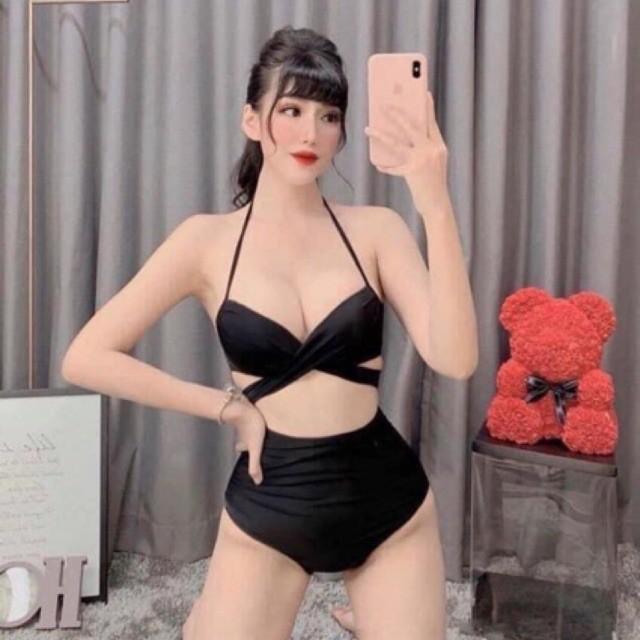 Set bikini, 2 mảnh gọng nâng ngực chéo mix quần nhún lưng cao vàng