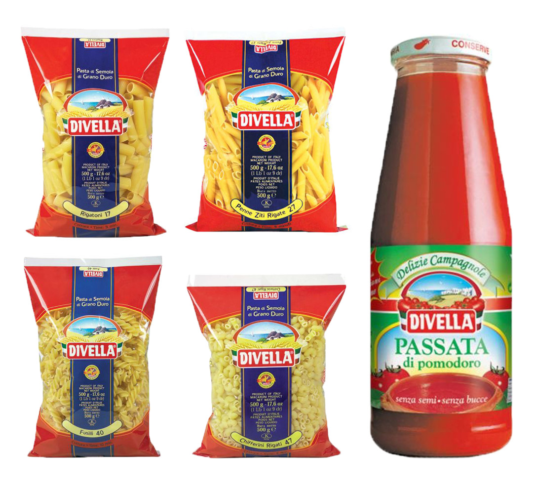 Combo Gia Đình 5 Sản Phẩm Pasta 500 Gram Nui Ống To + Nui Ống Xéo + Nui Xoắn + Nui Chữ C + Cà Chua Xay Pomodoro 680 Gram Divella Italia