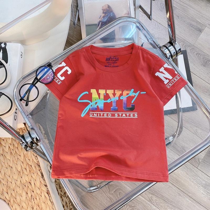 Áo cộc tay cotton bé trai in NYC cao cấp với bốn màu đỏ. trắng. xanh. vàng sz 23-35kg