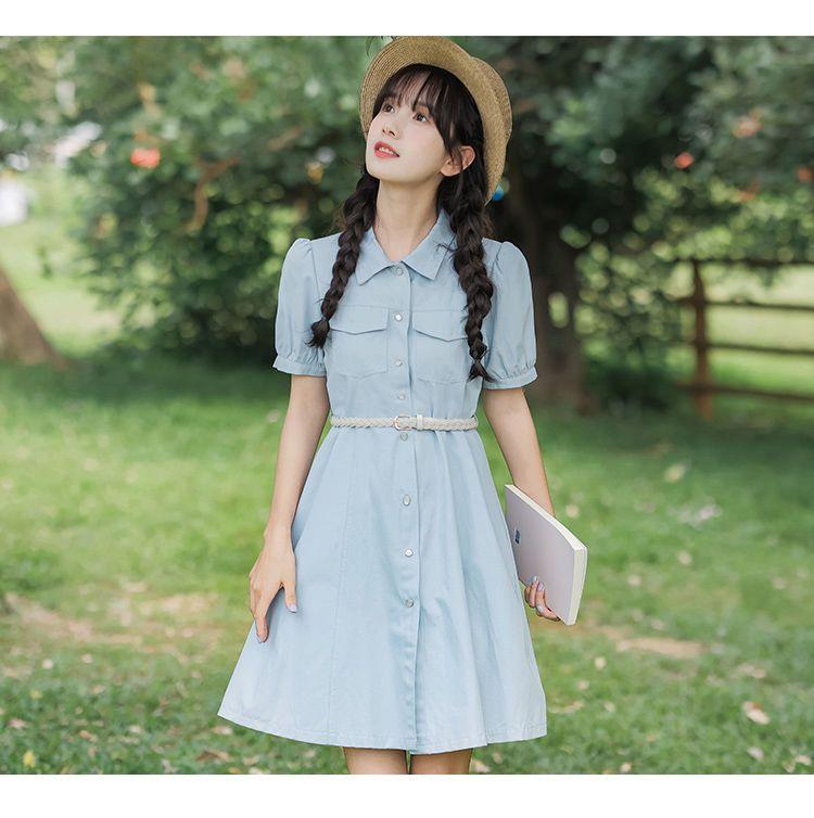CHENGRUI Tặng thắt lưng, váy ngắn tay, váy ngắn tay, váy mùa hè, váy thắt lưng.