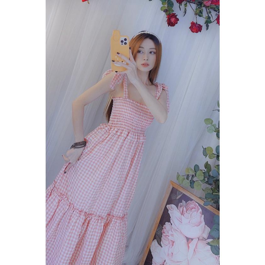 Đầm maxi nữ hai dây cột nơ caro siêu xinh dạo phố du lịch bầu bì bon chen kèm hình thật bao đẹp htd8740