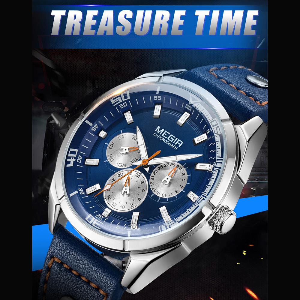 Đồng hồ thể thao MEGIR Chronograph Nam Đồng hồ thạch anh Dây da dạ quang Đồng hồ đeo tay - Màu cà phê