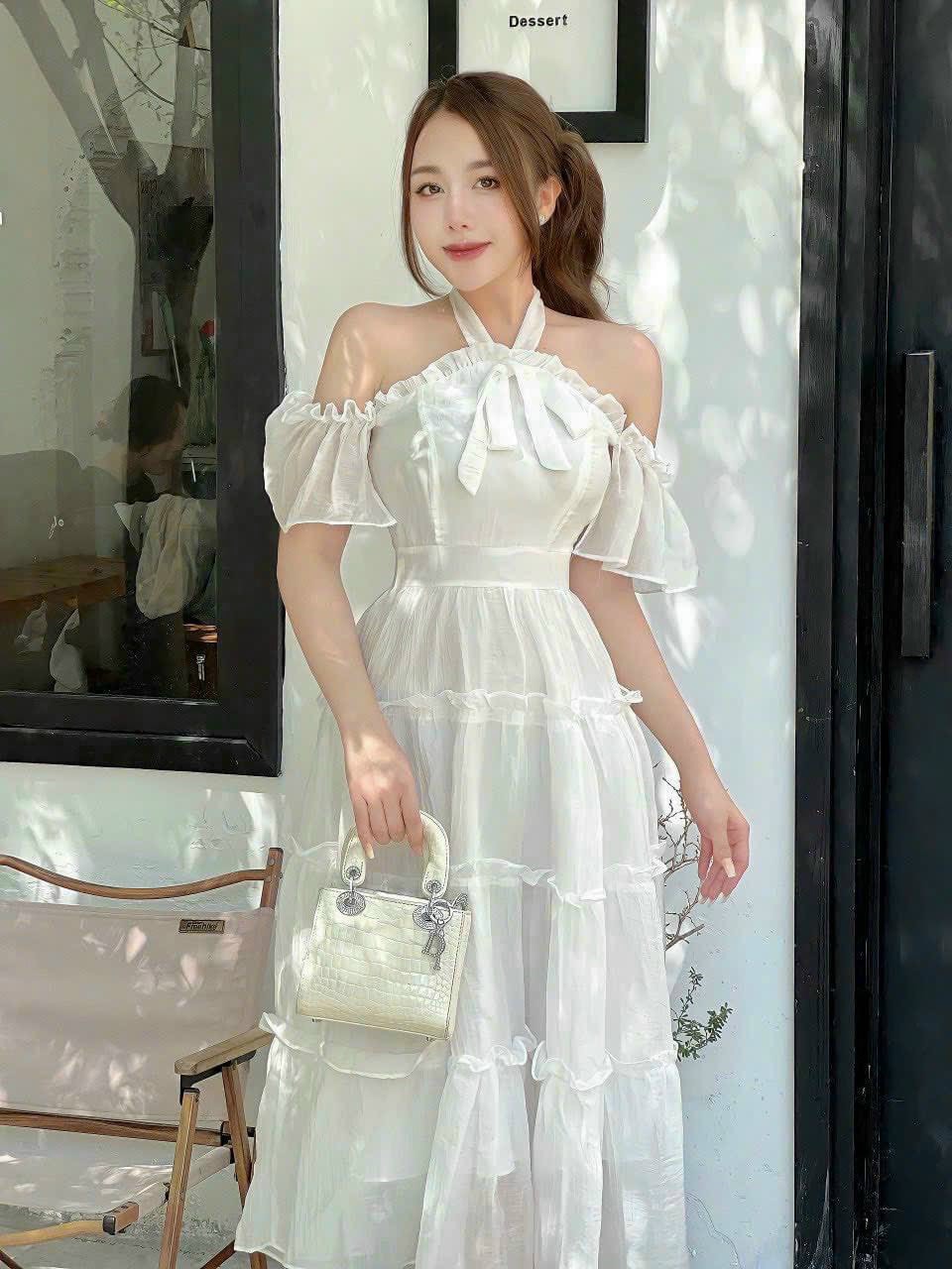 ĐẦM TRỄ VAI TAY BÈO CỘT NƠ CỐ MOOKING PHÍA SAU 4 MÀU Y HÌNH